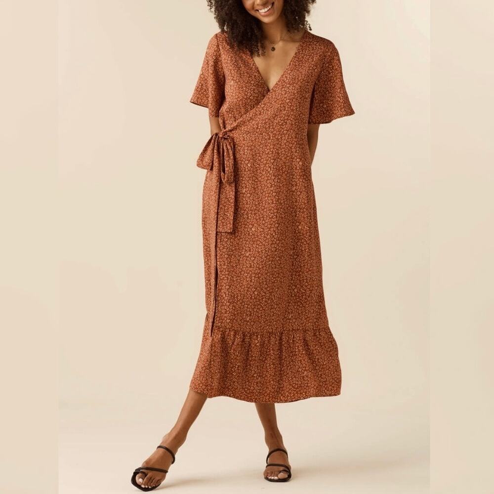 New Vetta‎ Brown Blossom Print The Flutter Sleeve Wrap Dress Size XS